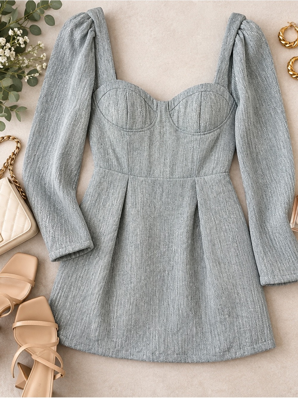 Love, Bonito Silver Gray Sweetheart Long Sleeve Mini Dress Size 6